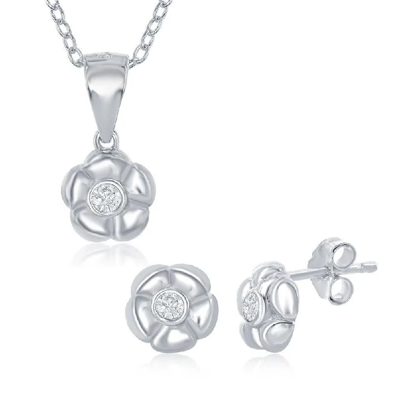 Ladies necklaces unique designs-Sterling Silver Flower with Single CZ Necklace and Earrings Set