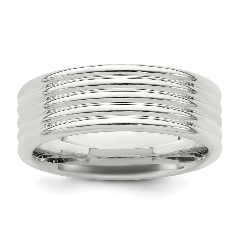 Ladies ring thumb designs-7mm Rhodium Plated Sterling Silver Multi Grooved Standard Fit Band