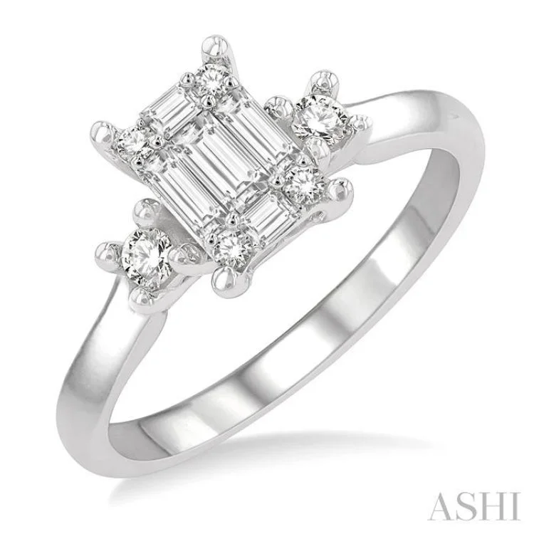 Ladies engagement rings modern flair-1/2 ctw Fusion Baguette and Round Cut Diamond Engagement Ring in 14K White Gold