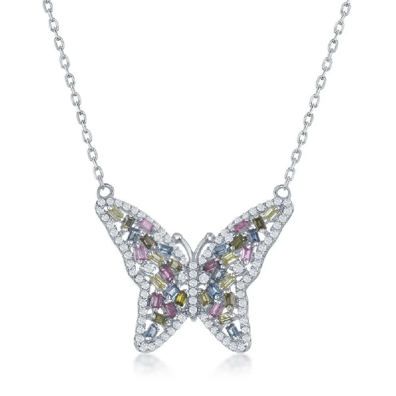 Ladies necklaces minimalist trends-Sterling Silver Baguette Pink; Blue & Golden CZ Butterfly Necklace