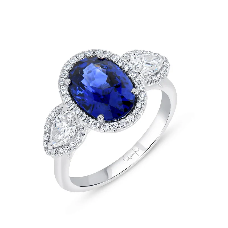 Ladies engagement rings sapphire accents-Uneek Precious Collection 3-Stone-Halo Oval Shaped Blue Sapphire Engagement Ring