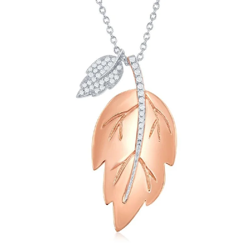 Ladies necklaces group designs-Sterling Silver Shiny Leaf with Smaller Rhodium Leaf Necklace