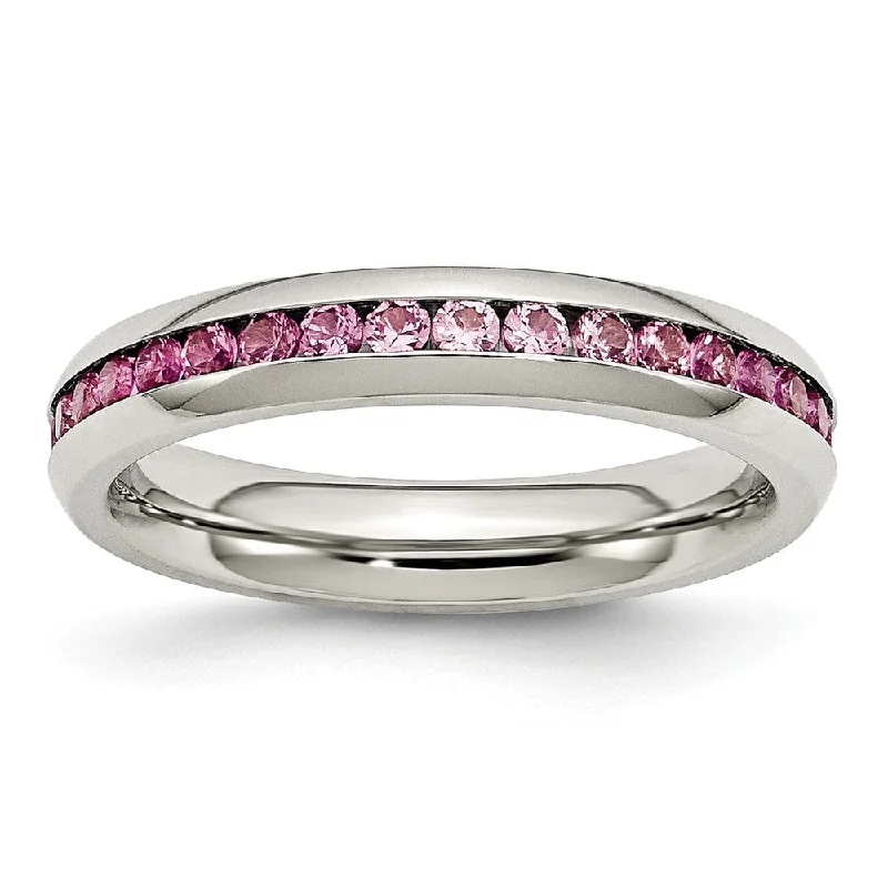 Ladies ring modern styles-4mm Stainless Steel And Dark Pink Cubic Zirconia Stackable Band