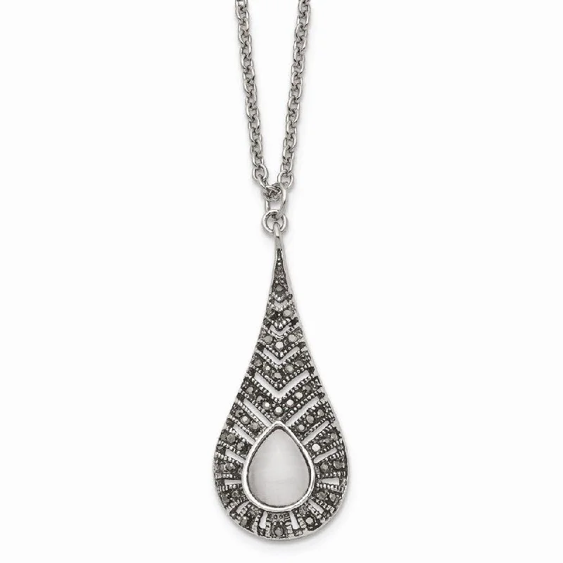 Ladies necklaces investment value-Stainless Steel Polished Marcasite Cat's Eye Necklace