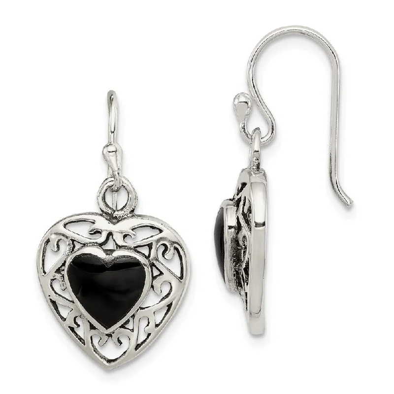 Ladies earrings holiday gifts-14mm Black Onyx Heart Dangle Earrings in Antiqued Sterling Silver