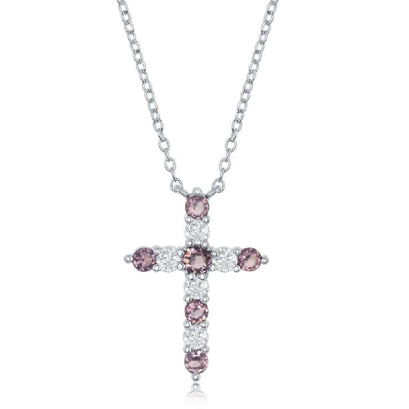 Ladies necklaces price range-Sterling Silver Amethyst CZ Febraury Birthstone Cross Necklace