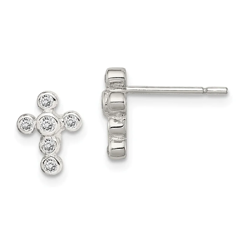 Ladies earrings light luxury-Kids 9mm Cubic Zirconia Cross Earrings in Sterling Silver