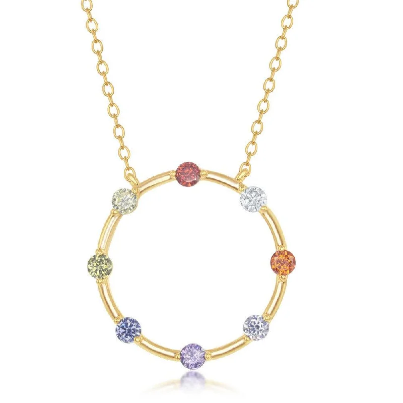 Ladies necklaces cute looks-Sterling Silver Gold Plated Rainbow CZ Open Circle Necklace