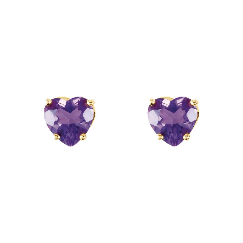 Ladies earrings wedding accessories-5mm Amethyst Heart Stud Earrings in 14k Yellow Gold