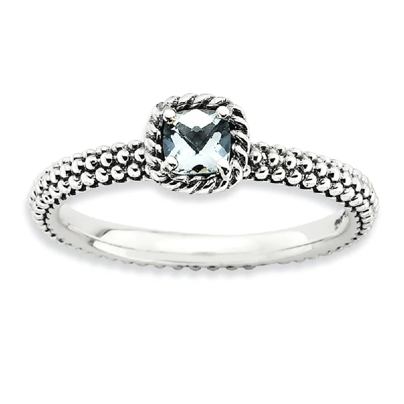 Ladies ring anniversary picks-Antiqued Sterling Silver Stackable Aquamarine Ring