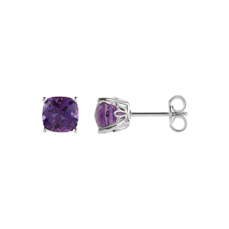 Ladies earrings anniversary choices-6mm Cushion Amethyst Stud Earrings in 14k White Gold