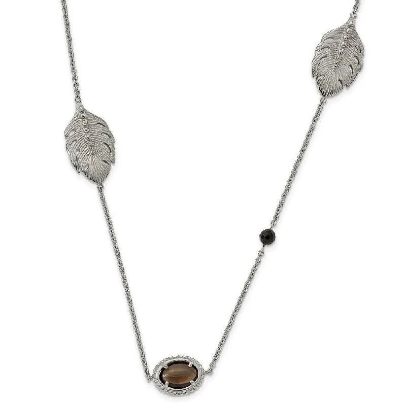 Ladies necklaces celebrity styles-Stainless Steel Polished Smoky Quartz/Black Onyx w/2in ext. Necklace