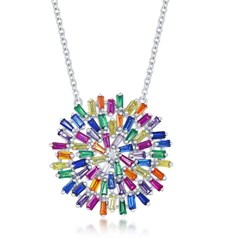 Ladies necklaces celebrity styles-Sterling Silver Rainbow Baguette Cubic Zirconia Round Necklace