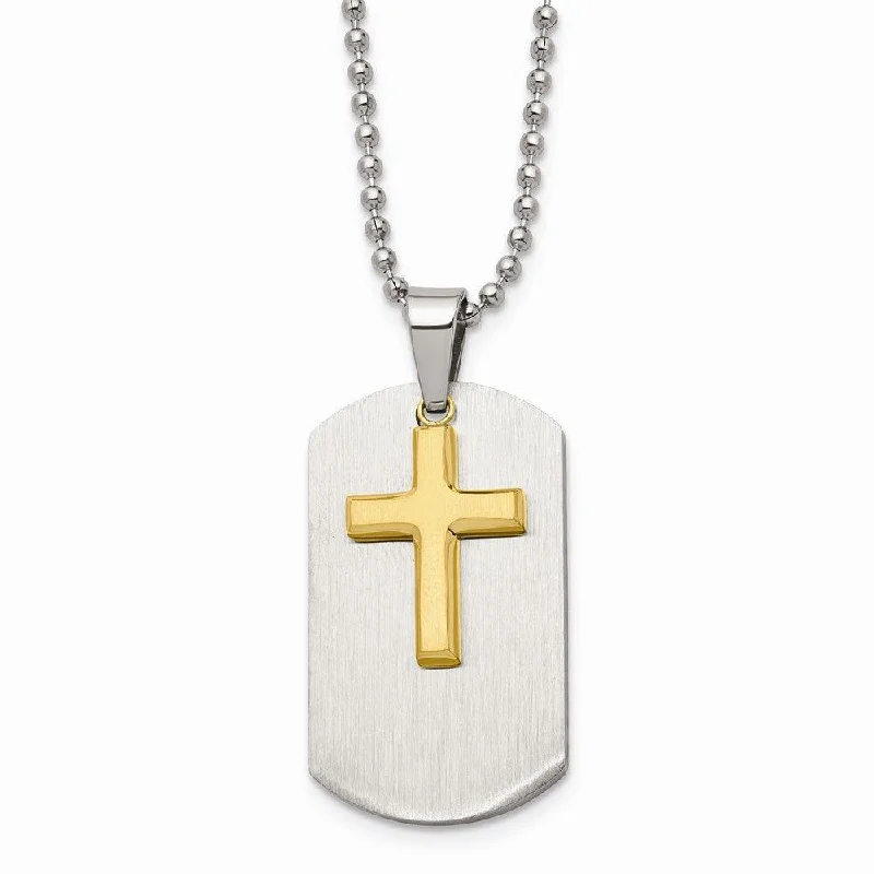 Ladies necklaces elegant styles-Stainless Steel Polished Dog Tag Yellow IP-plated Brushed Cross Necklace