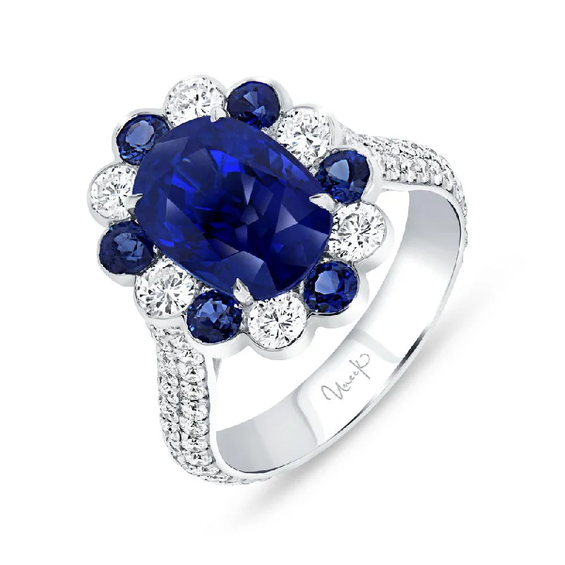 Ladies engagement rings pear cut-Uneek Precious Collection Halo Cushion Cut Blue Sapphire Engagement Ring