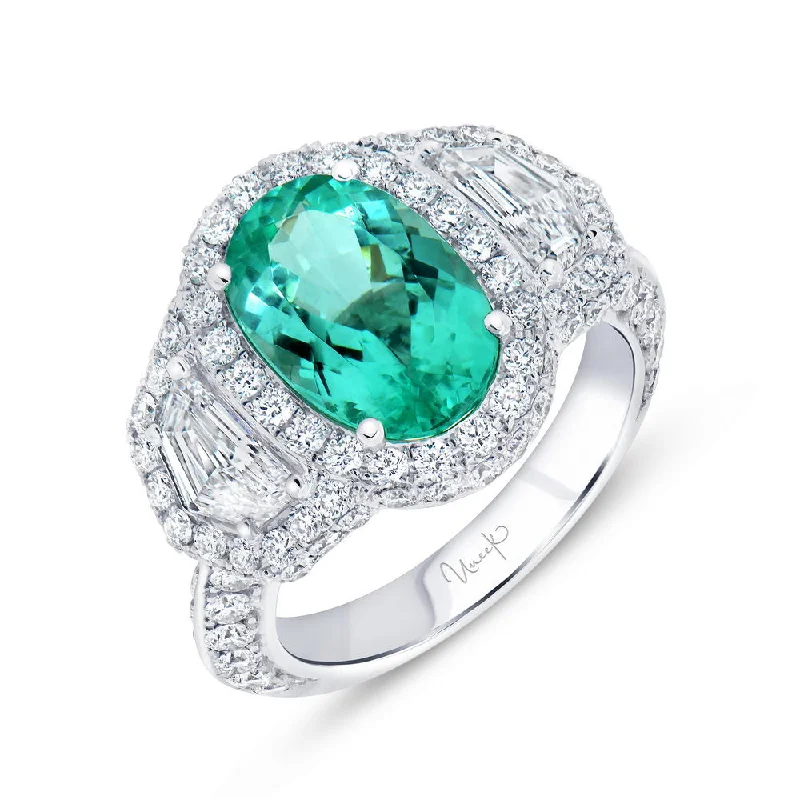 Ladies engagement rings platinum picks-Uneek Precious Collection 3-Stone-Halo Oval Shaped Paraiba Engagement Ring