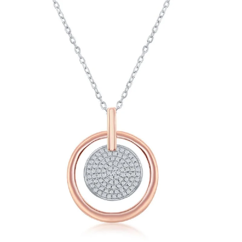 Ladies necklaces long chains-Sterling Silver TT Micro Pave Disc Rose GP Circle Necklace