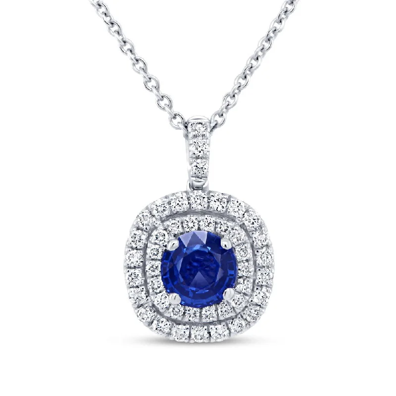 Ladies engagement rings oval shapes-Uneek Precious Collection Double-Halo Round Blue Sapphire Engagement Pendant