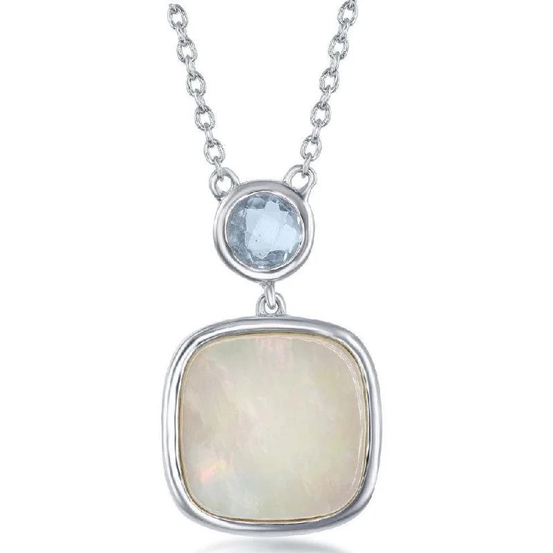 Ladies necklaces emotional keepsakes-Sterling Silver Bezel Set Blue Topaz and Square MOP Necklace