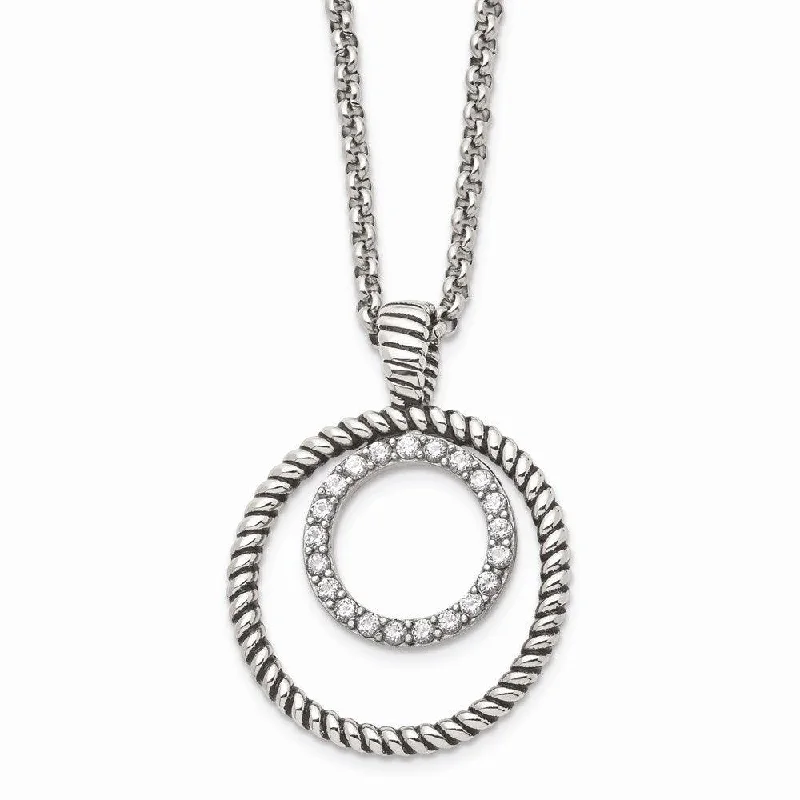 Ladies necklaces synthetic jewels-Stainless Steel Polished and Antiqued CZ Circle Necklace