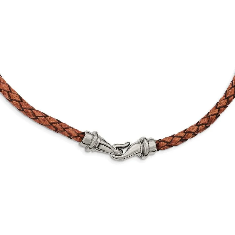 Ladies necklaces long chains-Stainless Steel Polished Woven Brown Leather Necklace