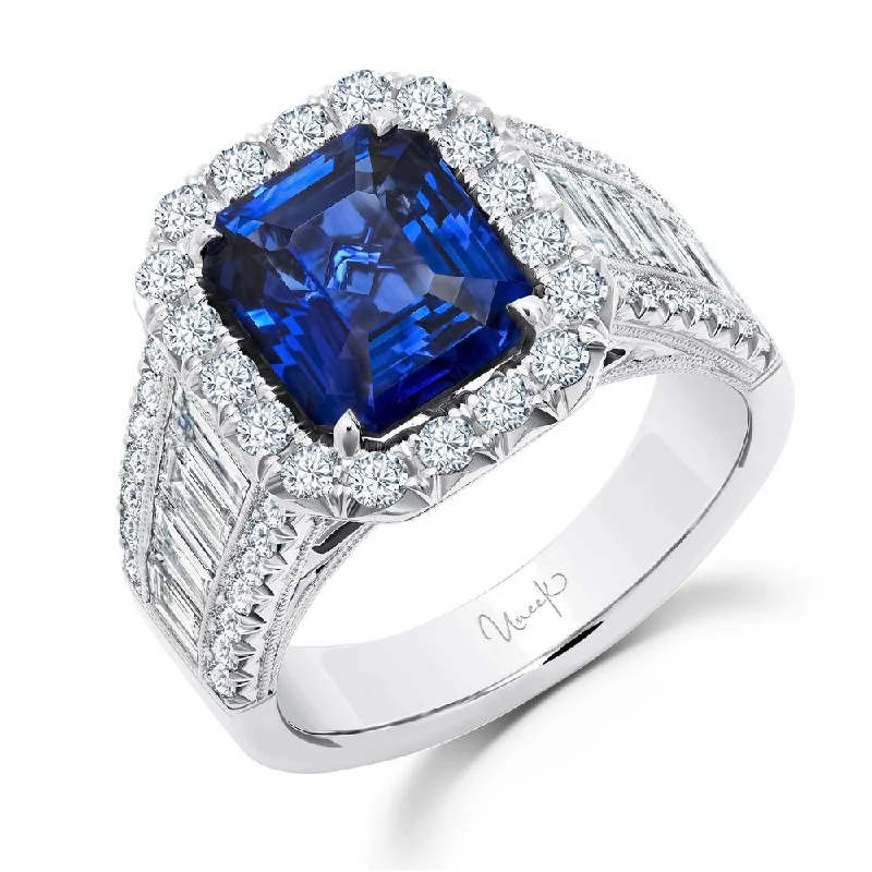 Ladies engagement rings rose-cut diamonds-Uneek Precious Collection Halo Cushion Cut Blue Sapphire Engagement Ring