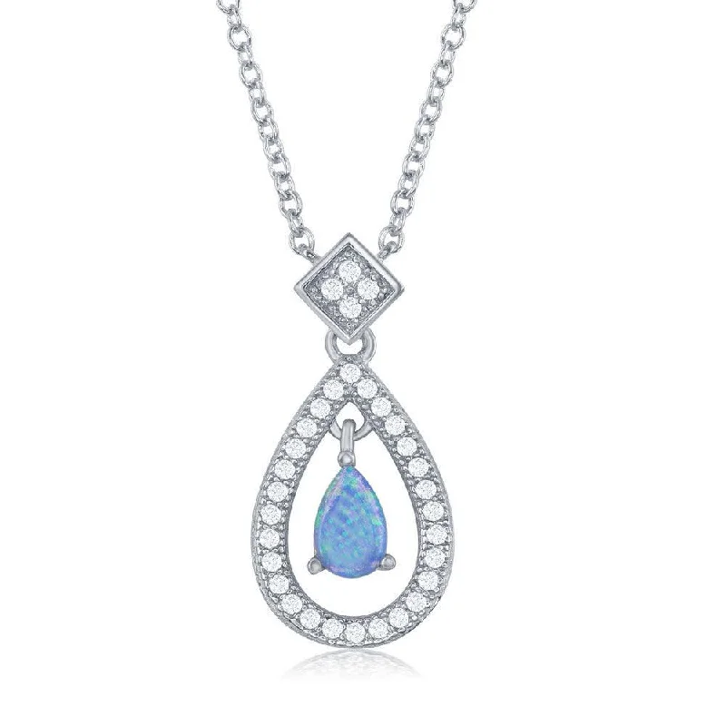 Ladies necklaces sterling silver-Sterling Silver Open CZ Border and Center Opal Teardrop Necklace