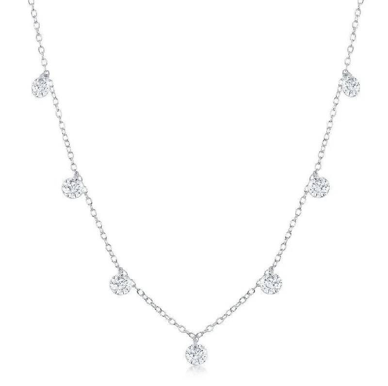 Ladies necklaces engagement gifts-Sterling Silver Hanging Cubic Zirconia's Oval Chain Necklace