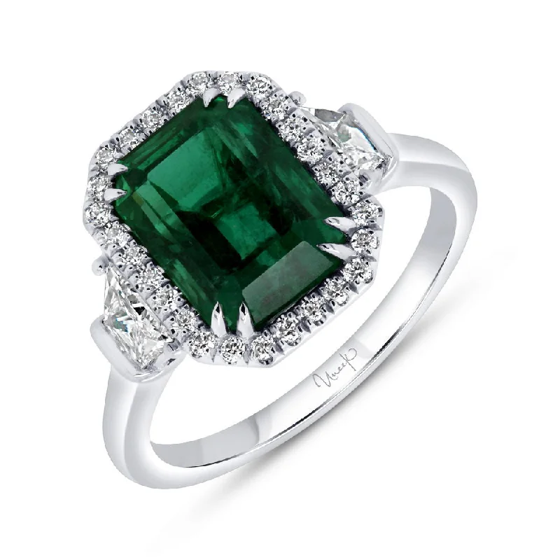 Ladies engagement rings pave settings-Uneek Precious Collection 3-Stone-Halo Emerald Cut Emerald Engagement Ring