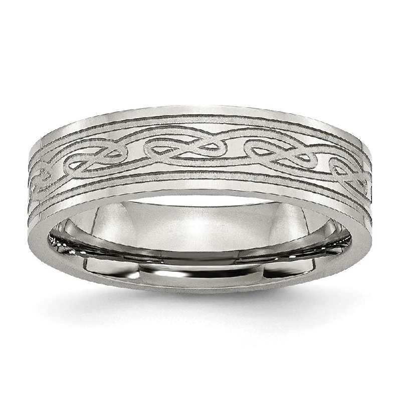 Ladies ring mature appeal-6mm Stainless Steel Etched Scroll Design Flat Standard Fit Band