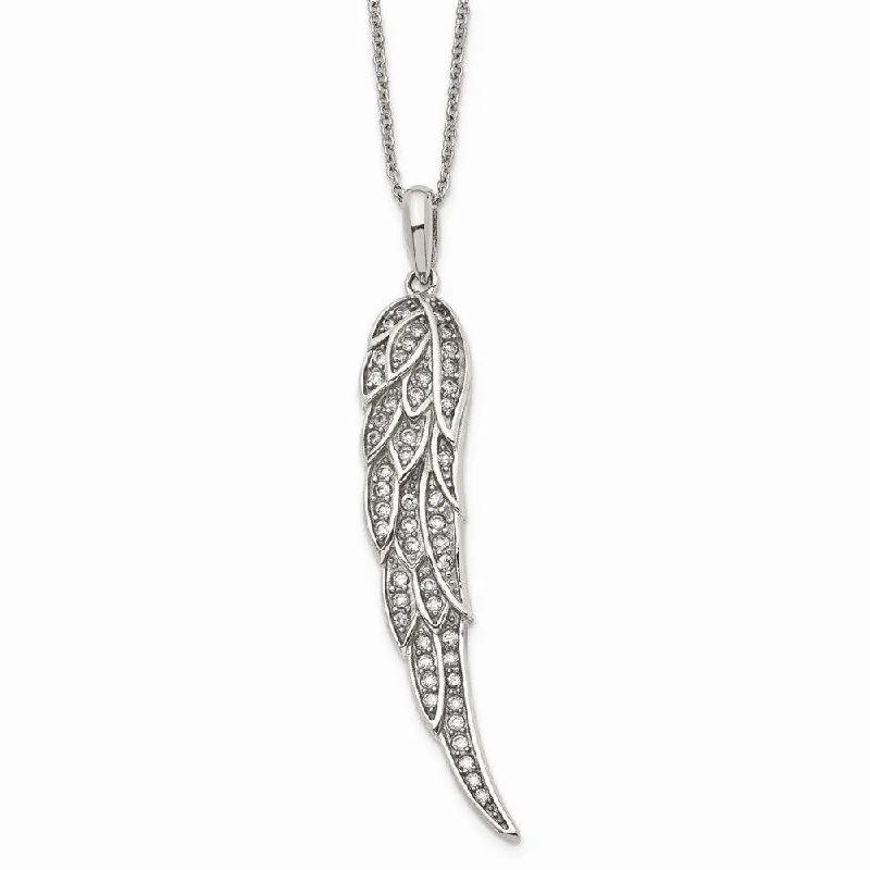 Ladies necklaces age suitability-Stainless Steel Polished CZ Wing Pendant with 2in extension Necklace