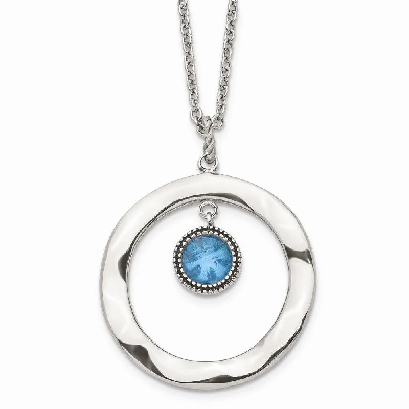 Ladies necklaces bridal jewelry-Stainless Steel Polished Blue Glass Circle w/ 2in ext. Necklace