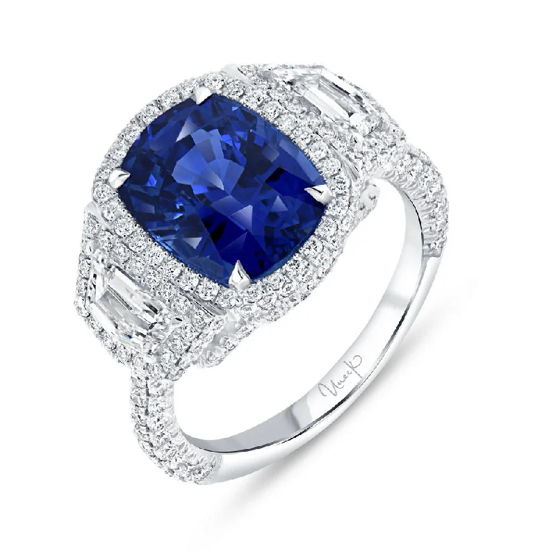 Ladies engagement rings emerald details-Uneek Precious Collection 3-Stone-Halo Cushion Cut Blue Sapphire Engagement Ring