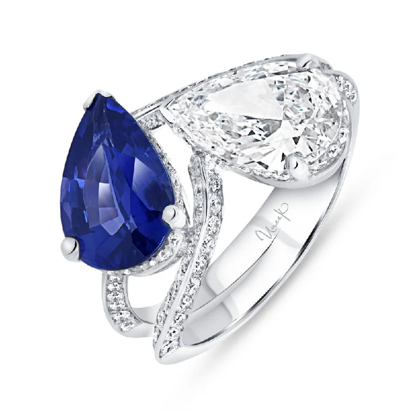 Ladies engagement rings marquise designs-Uneek Precious Collection Bypass Pear Shaped Blue Sapphire Engagement Ring