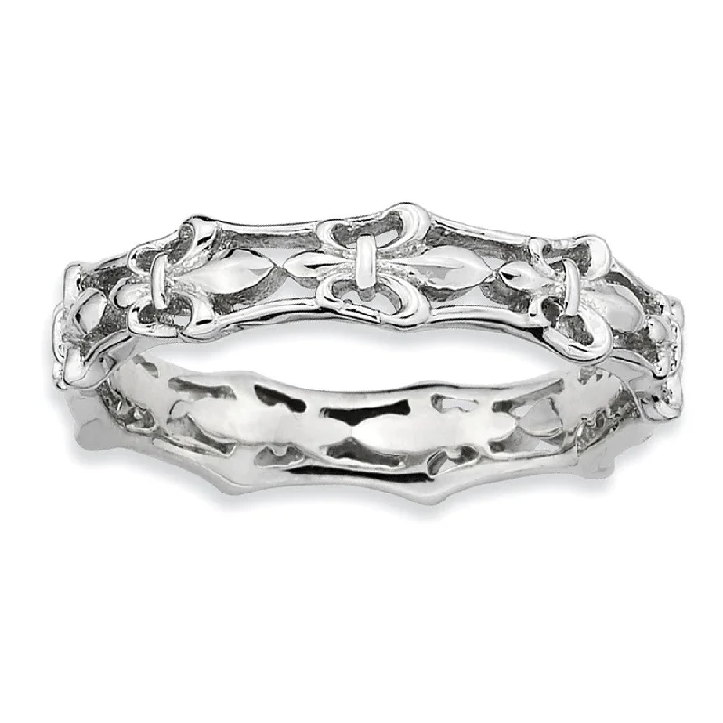 Ladies ring sister sets-Rhodium Plated Sterling Silver Stackable Fleur de Lis 4.5mm Band