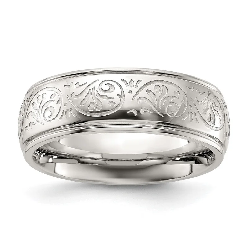 Ladies ring social media trends-7.5mm Stainless Steel Etched Ornate Design Ridged Comfort Fit Band