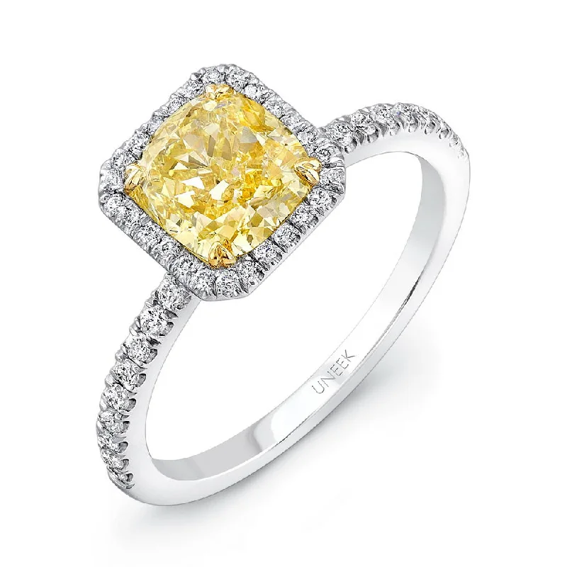 Ladies engagement rings Asian-inspired-Uneek Natureal Collection Halo Cushion Cut Fancy Yellow Diamond Engagement Ring