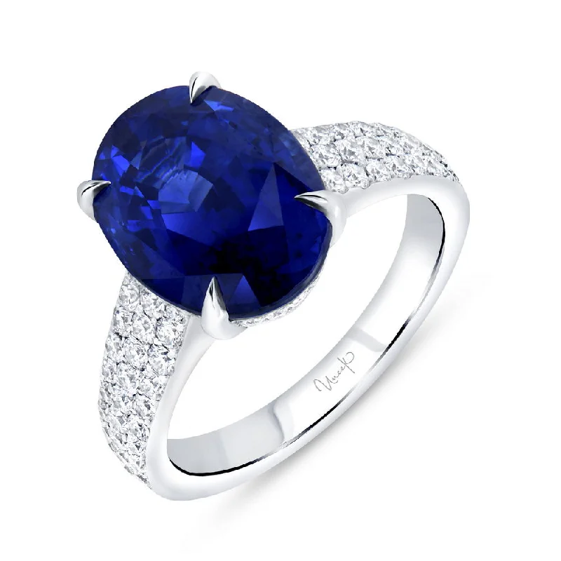 Ladies engagement rings classic looks-Uneek Precious Collection Tapered Oval Shaped Blue Sapphire Engagement Ring