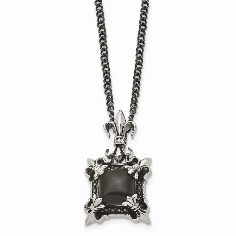 Ladies necklaces retail stores-Stainless Steel Antiqued & Black Agate & Fleur de lis Necklace