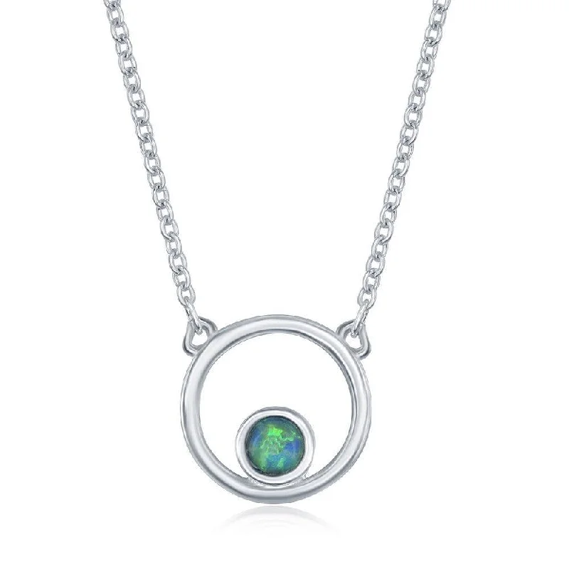 Ladies necklaces elegant styles-Sterling Silver Open Circle with Blue Inlay Opal Necklace