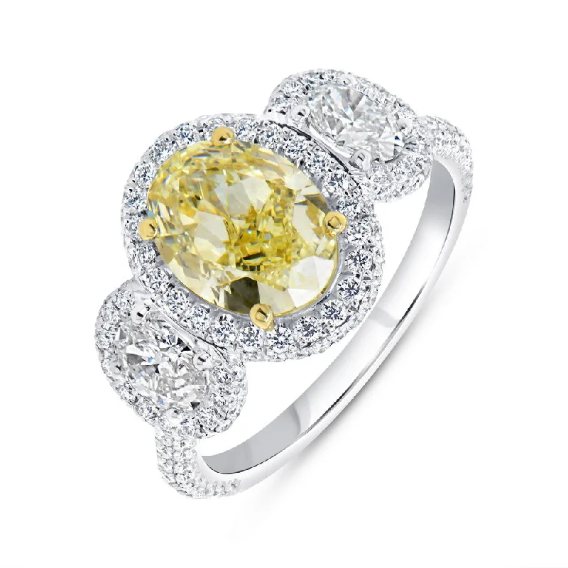 Ladies engagement rings high-end choices-Uneek Natureal Collection 3-Stone-Halo Oval Shaped Fancy Light Yellow Diamond Engagement Ring