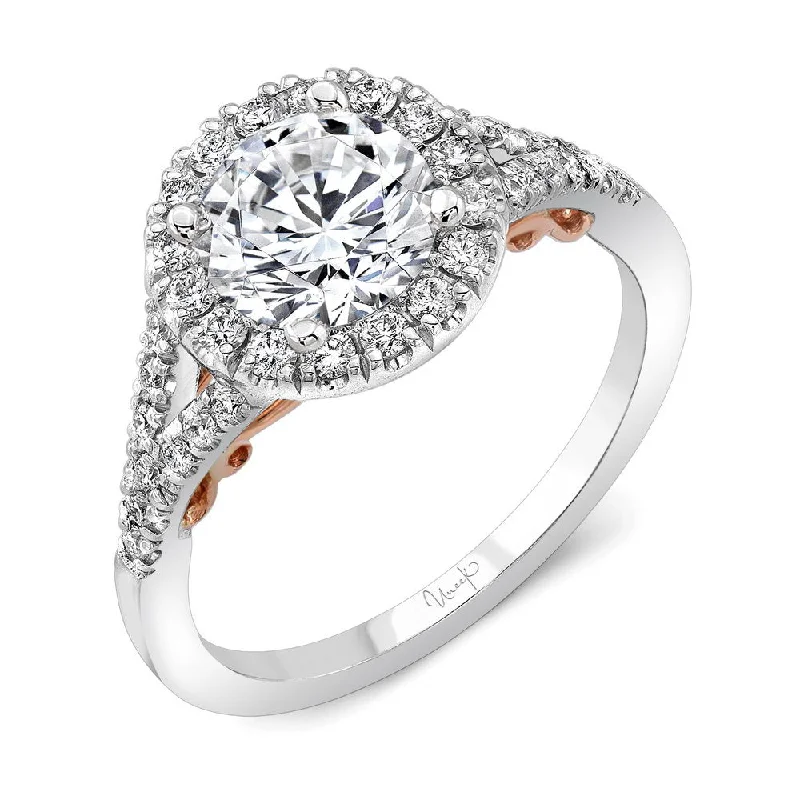 Ladies engagement rings white gold-Uneek Cancelli Round Diamond Halo Engagement Ring with Pave Split Shank