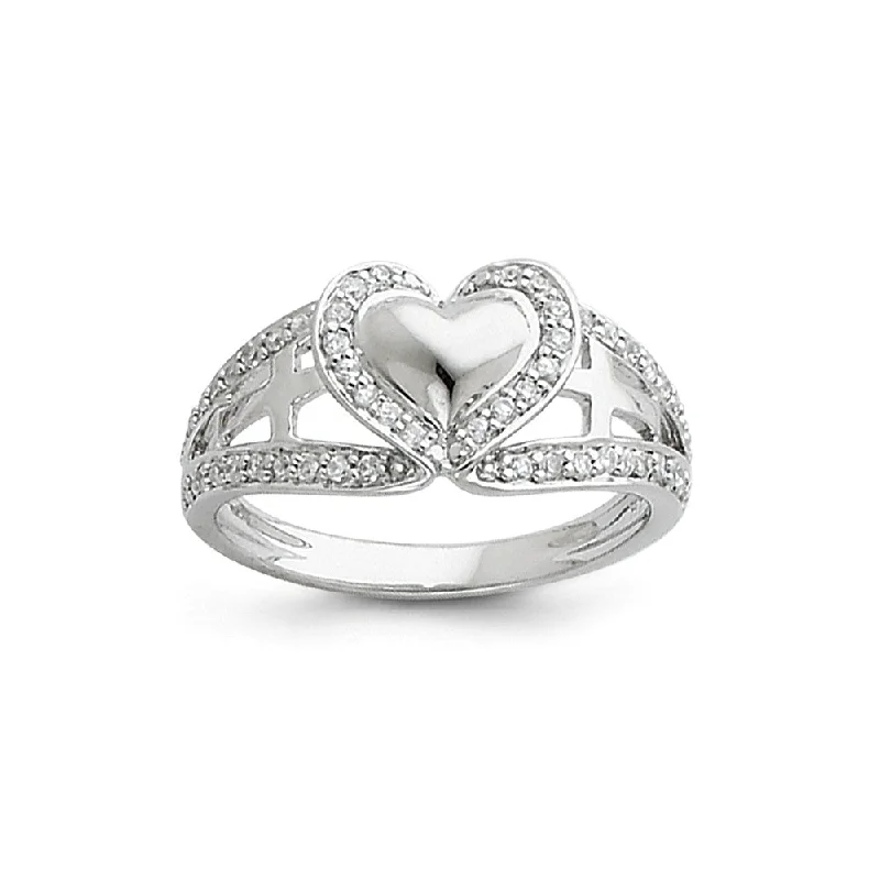 Ladies ring floral designs-Rhodium Plated Sterling Silver & CZ Pure Heart Tapered Ring