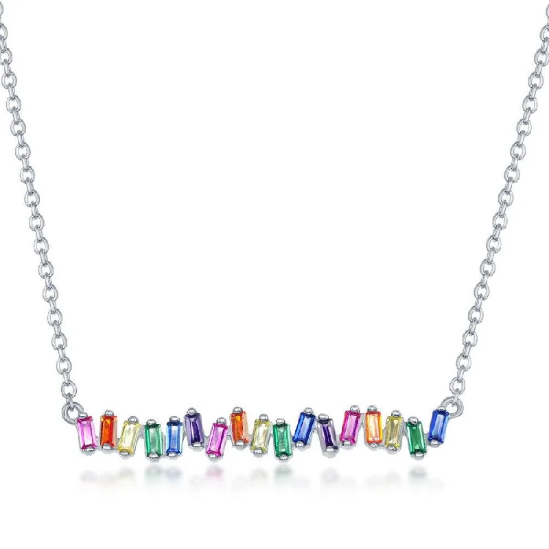 Ladies necklaces hypoallergenic-Sterling Silver Rainbow Baguette Cubic Zirconia Bar Necklace