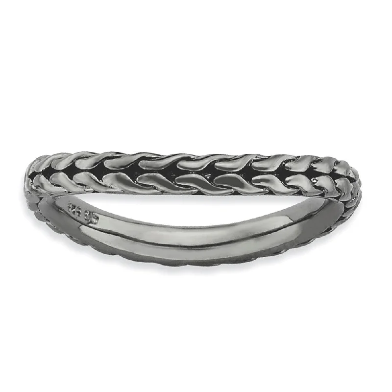 Ladies ring floral designs-2.25mm Stackable Black Plated Silver Curved Wheat Pattern Band