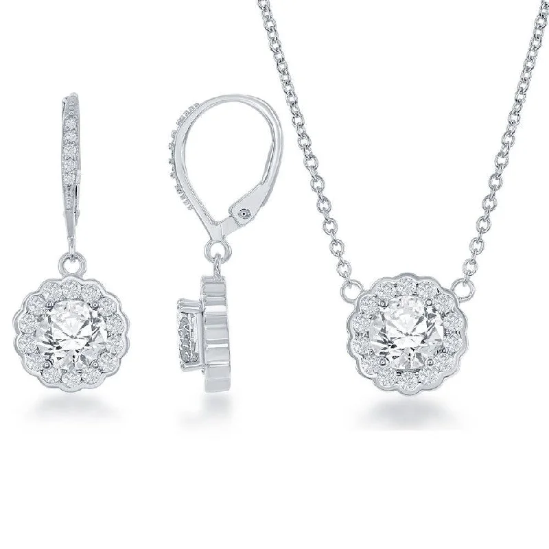 Ladies necklaces unique designs-Sterling Silver April Birthstone With  CZ Border Round Earrings and Necklace Set