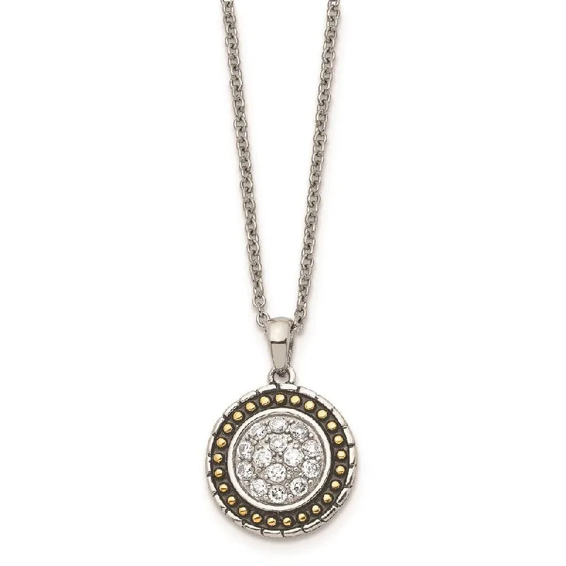 Ladies necklaces sale events-Stainless Steel CZ with Yellow IP-plated Antiqued Circle Necklace