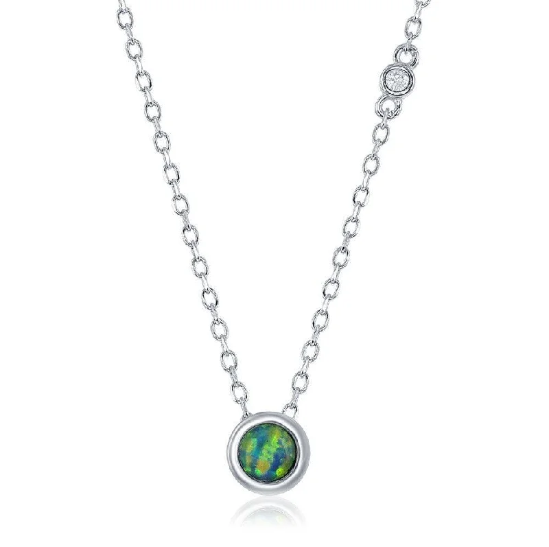 Ladies necklaces couple sets-Sterling Silver Blue Inlay Opal with Single Bezel-Set CZ Necklace