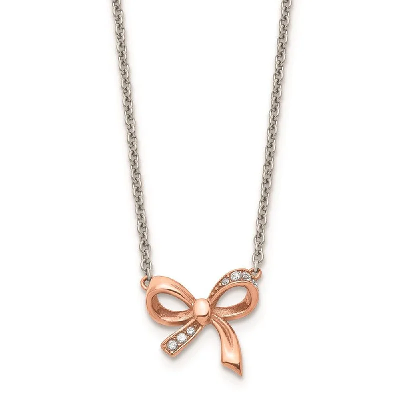 Ladies necklaces ethnic patterns-Stainless Steel Polished Pink IP plated CZ Bow with 1.75in ext. Necklace