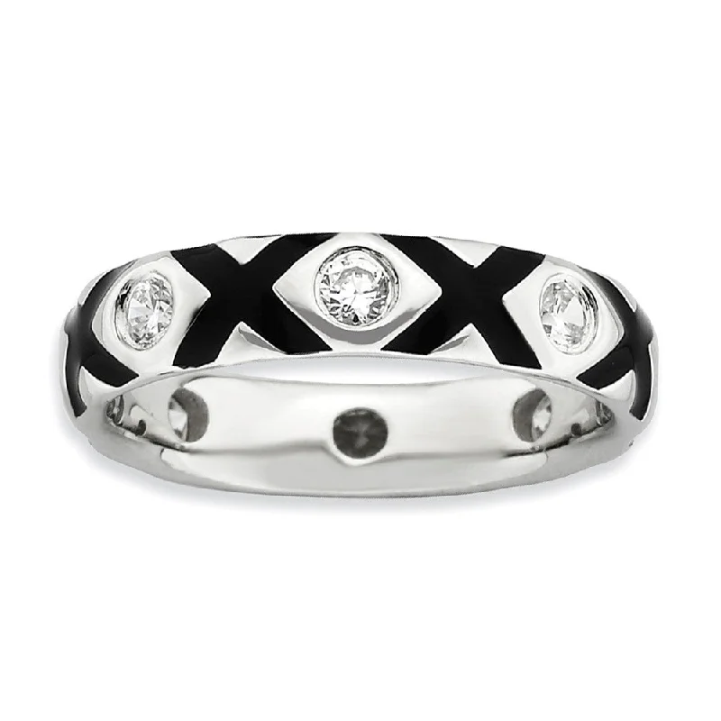 Ladies ring heart shapes-Sterling Silver, Black Enamel & CZ Hugs & Kisses Stackable Band